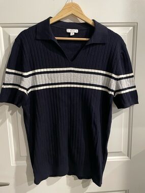Reiss Navy Ribbed Short-Sleeve Polo with White Stripes